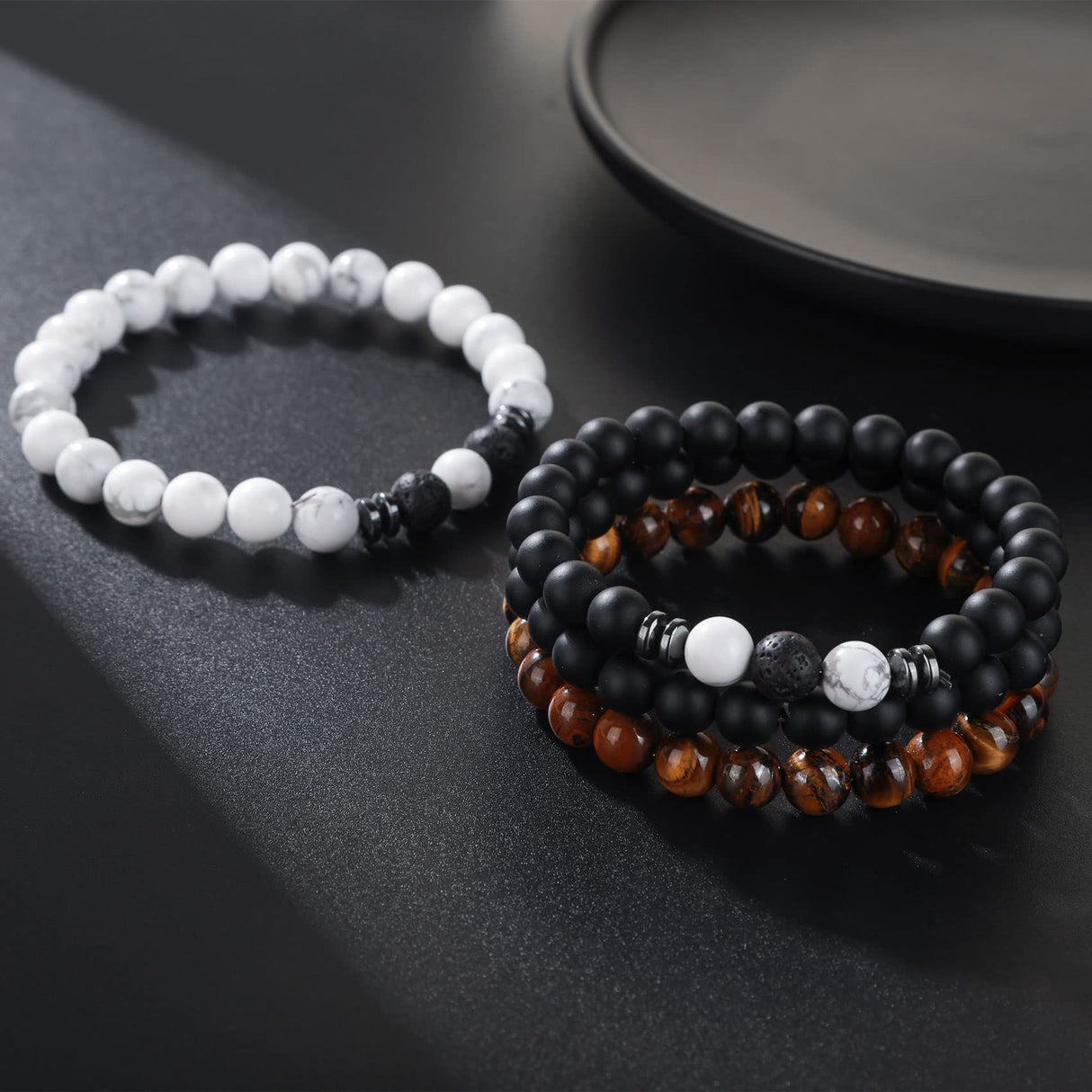 RANKEEF Tiger Eye Bracelet For Men 8MM Natural Stone Beads Bracelet Set Stretch Lava Rock Bracelets Adjustable Black Crystal Beaded Bracelet for Men Women Gifts RANKEEF