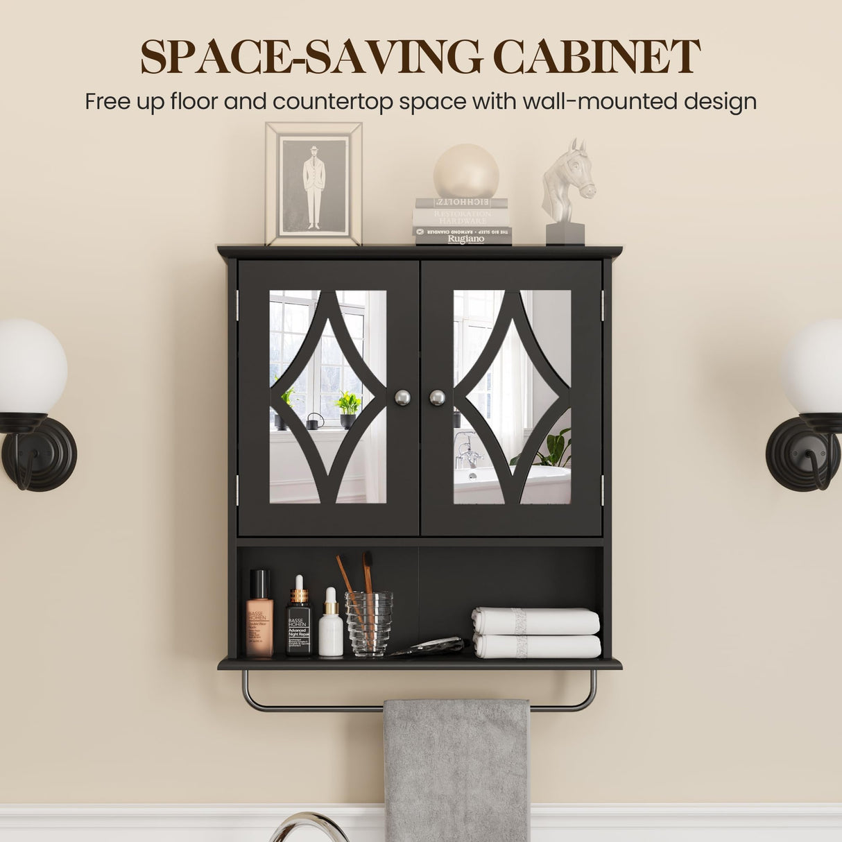 RoyalCraft 22x25 Bathroom Medicine Cabinet with Mirror, Large Wood Wall Mounted Storage Cabinet with Shelves and Towel Bar, Over The Toilet Storage Cabinet for Bathroom, Laundry, Living Room, Black RoyalCraft