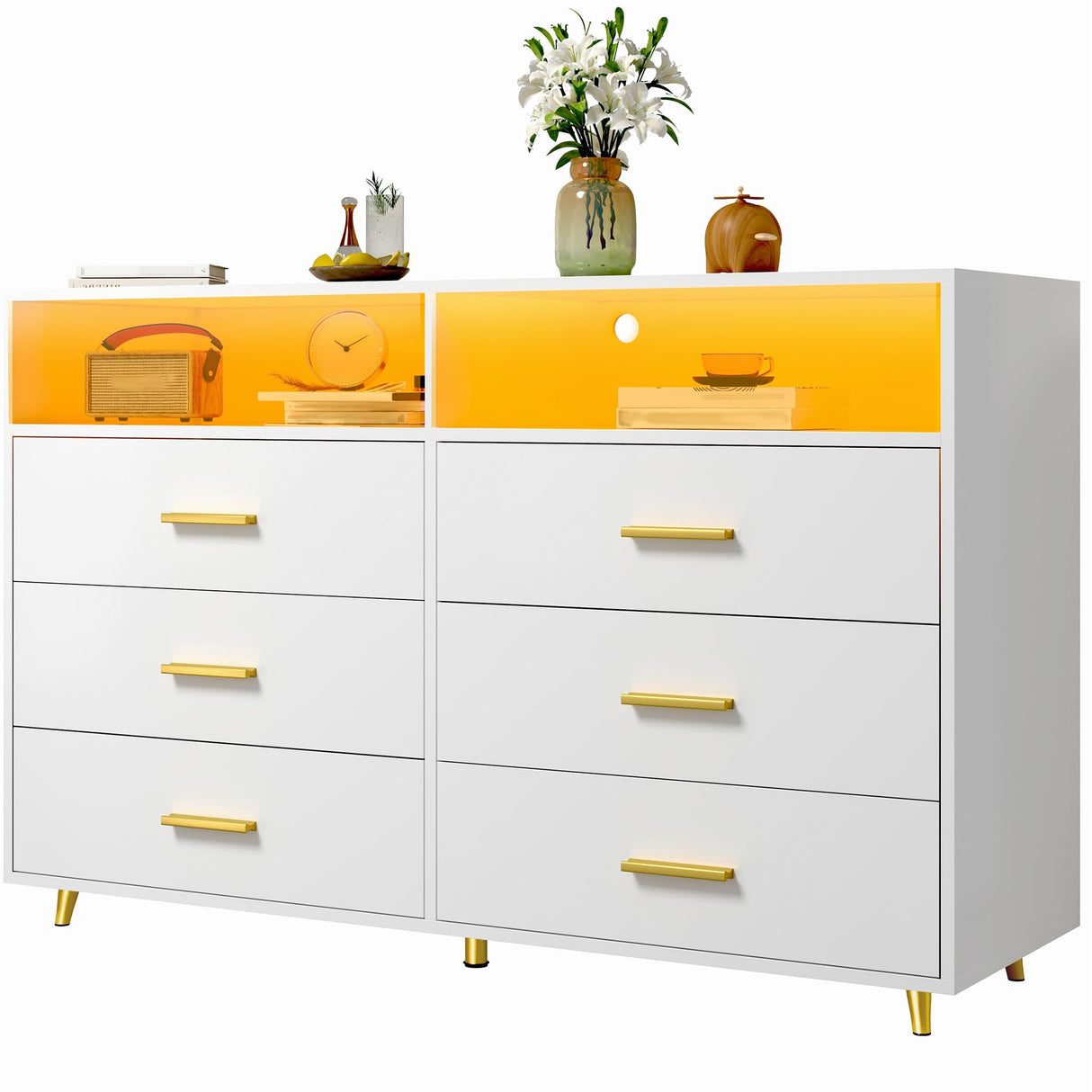 EnHomee 6 Drawer Dresser for Bedroom White Modern Dresser with LED Lights,Large TV Stand,Hallway,47.3" W x 39.4" H x 15.8" D, EnHomee