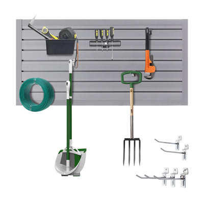 Slatwall Panel Garage Wall Organizer Storage Systems, Wall Mounted PVC Storage Rack with 5 Hooks, Interlocking Workshop Slat Wall Paneling Sheets Board Shelves Tools Organization-Grey(2’H x 4’W)
