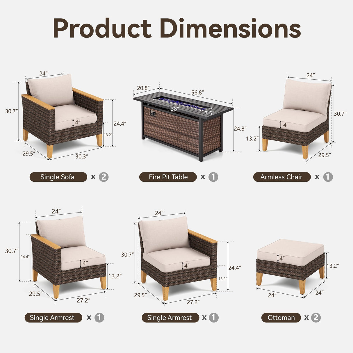 GREEN PARTY 7 Pieces Wicker Patio Furniture Set with 56" Fire Pit Table, All-Weather Outdoor Rattan Patio Sectional Sofa Conversation Set 7 Seats with 4" Thick Cushions for Garden, Backyard GREEN PARTY