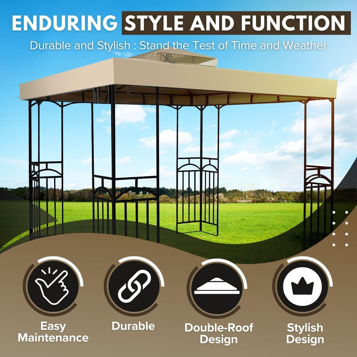 Flexzion 10'x10' Gazebo Replacement Canopy Top Cover (Beige) - Dual Tier with Plain Edge Polyester UV30 Water Resistant for Outdoor Garden Patio Pavilion Sun Shade Flexzion