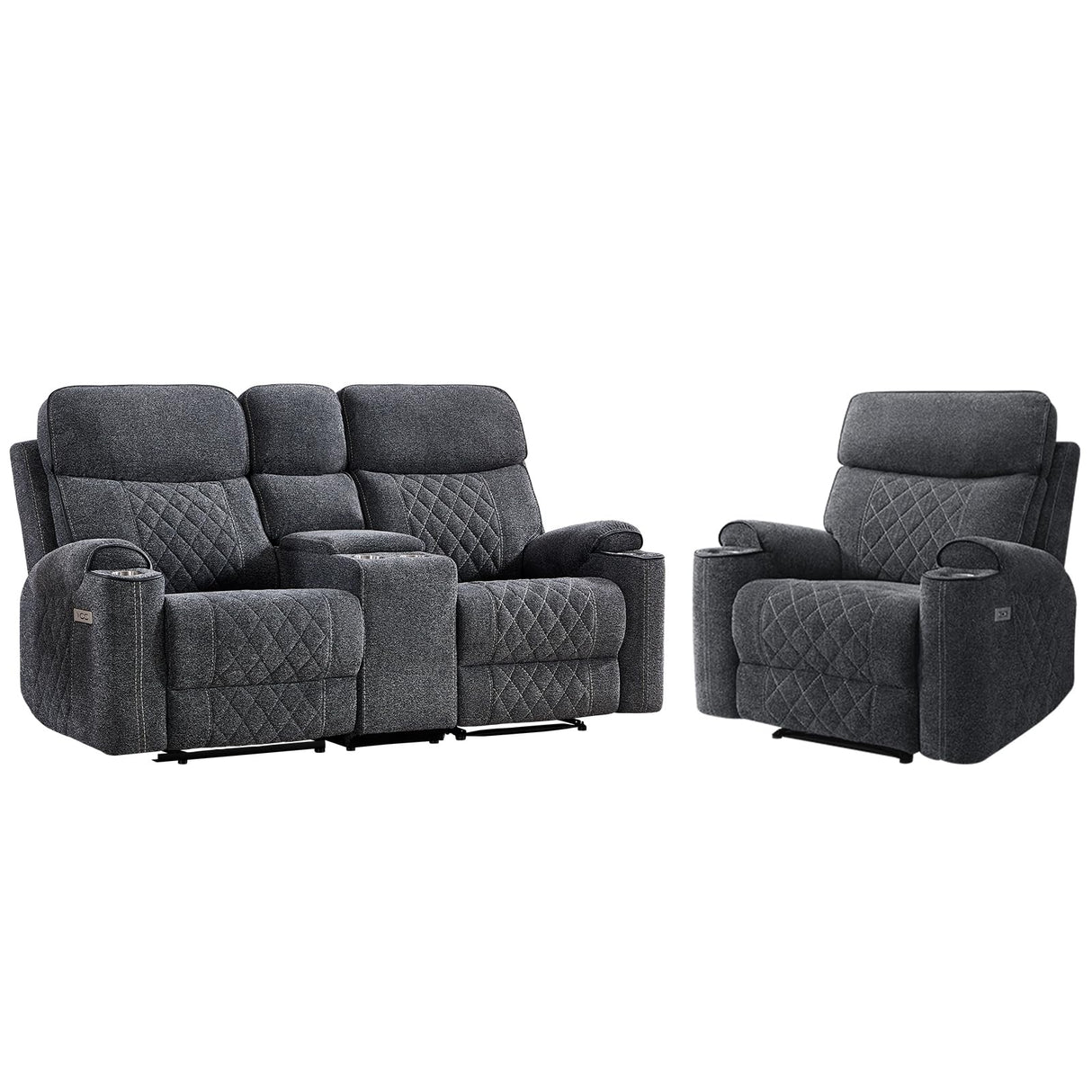 HAOMARKETS 2-Piece Power Recliner Sofa Set with Charging Port, Include Single Recliner Chair and 2-Seater Loveseat Reclining Couch with Hidden Storage and Cup Holders for Living Room, Dark Grey HAOMARKETS