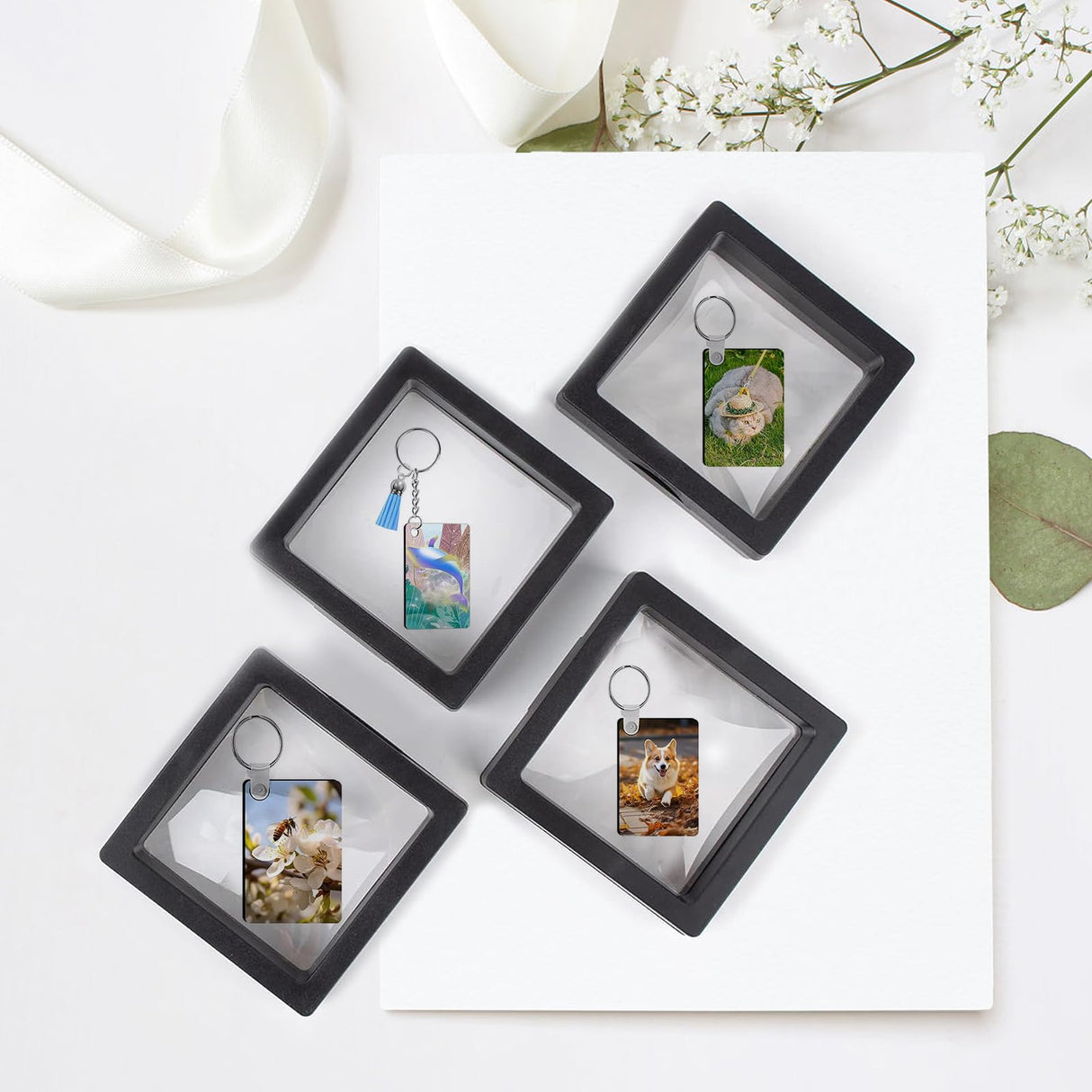 10 PCS Sublimation Keychain Blanks Gift Box 3.54 x 3.54 x 0.8 Inches Plastic Keychain Packaging Box with PE Film Sublimation Keychain Blanks Holder Gift Wrapping Box for Rectangle Round Keychain QoTang