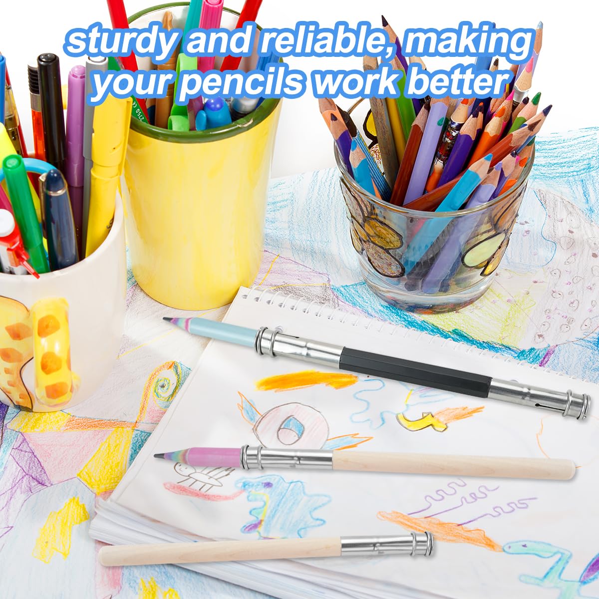 FULANDL 24Pcs Pencil Extenders Set, Pencil Lengthener, Including 16PCS Wooden Handle Adjustable Dual Head Pencil Extender Holder, 8PCS Plastic Pencil Cap, School Office Art Write Tool FULANDL