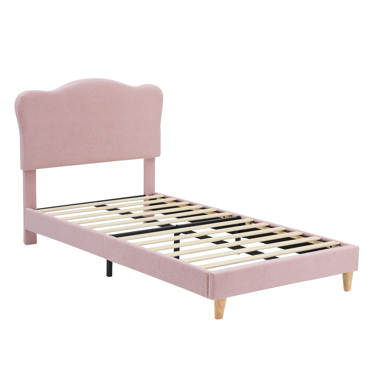 GarveeHome Upholstered Twin Size Bed Frame for Kids with Scallop Headboard, Cute Velvet Twin Bed for Girls, Boys, Sturdy Platform Bed, No Box Spring Needed, Wooden Slats, Noise Free, Pink GarveeHome