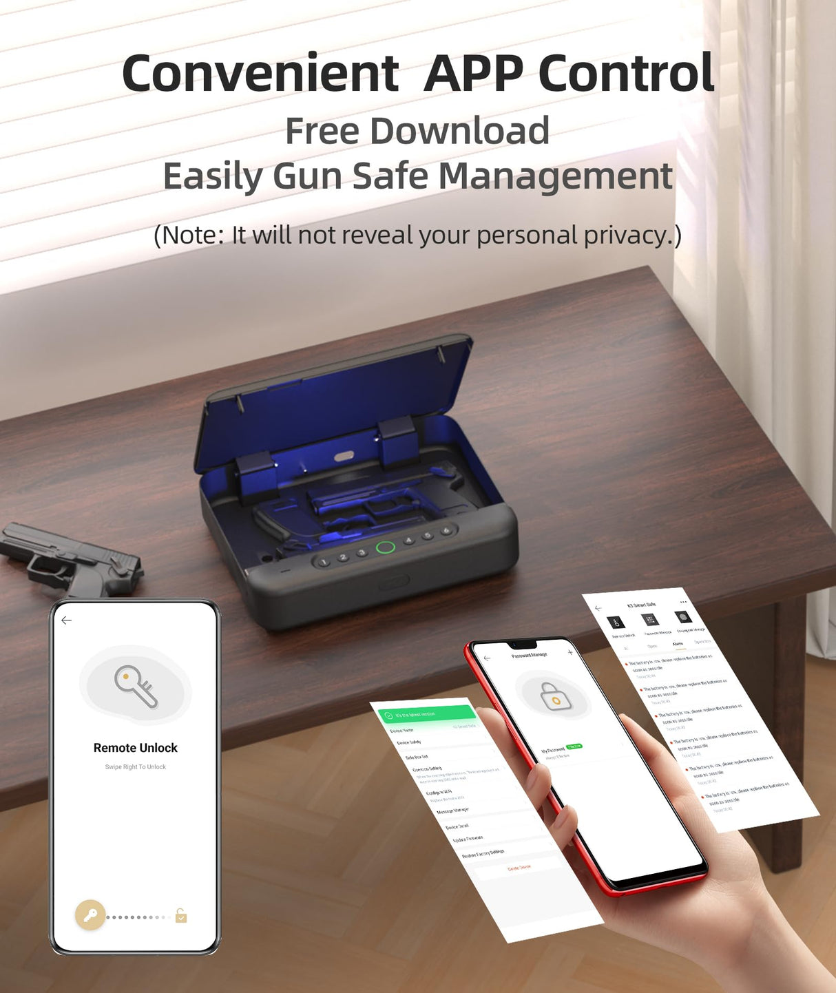 PINEWORLD Gun Safe, Biometric Gun Safes For Handgun, Pistol Safe With Fingerprint or Keypad, 4-Quick Access Unlock Gun Case for Firearm, Gun Lock Box For Nightstand Beside with APP Normal Size PINEWORLD