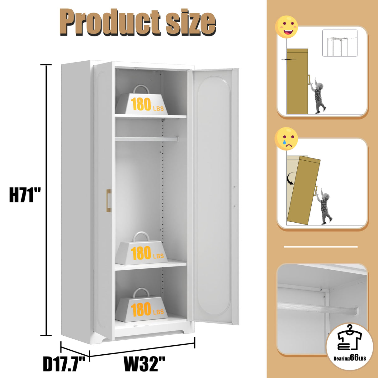 MetalMax 71" Tall Metal Storage Cabinet, Armoire Wardrobe Closet with Hanging Rod, Metal Clothing Storage Cabinets, White Bedroom Armoires with Adjustable Shelves, Steel Closet Cabinet for Bathroom MetalMax