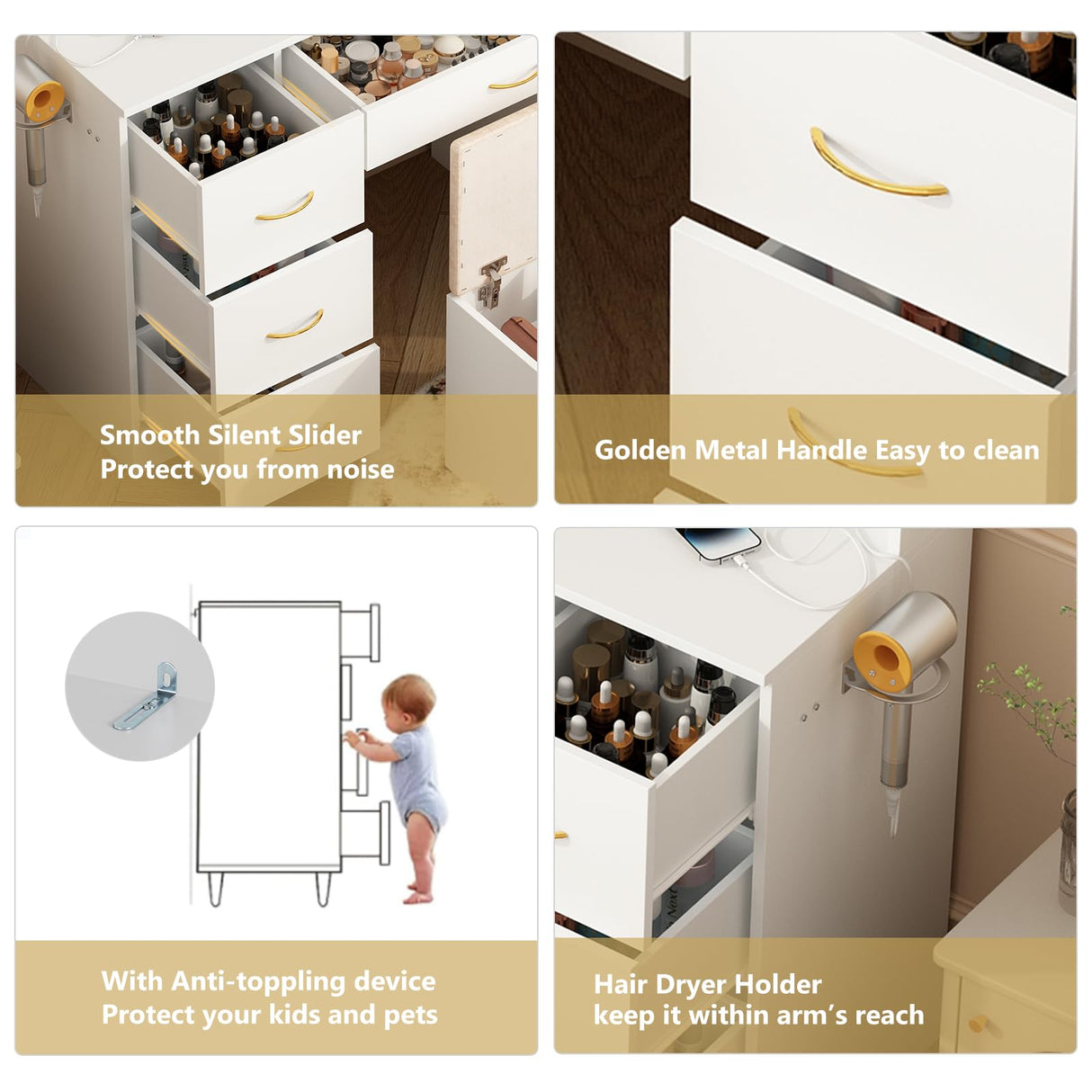 jiteentarou 47" Large Vanity Desk with Mirror and Lights, LED White Vanity Set with Stool and Power Outlet, Lighted Make up Vanity Desk with Drawers and 3 Lighting Modes for Women, Girls(White) jiteentarou