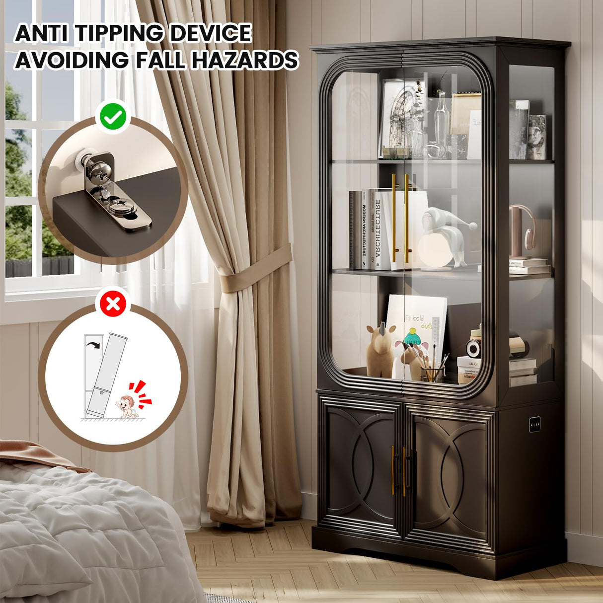 Lareth Display Cabinet with Glass Doors, 69 in Tall Bookcase with LED Lights, Curio Storage Cabinet|Kitchen Pantry Cabinet, 5 Tier Glass Display Case for Living Room, Home Office, Black Lareth