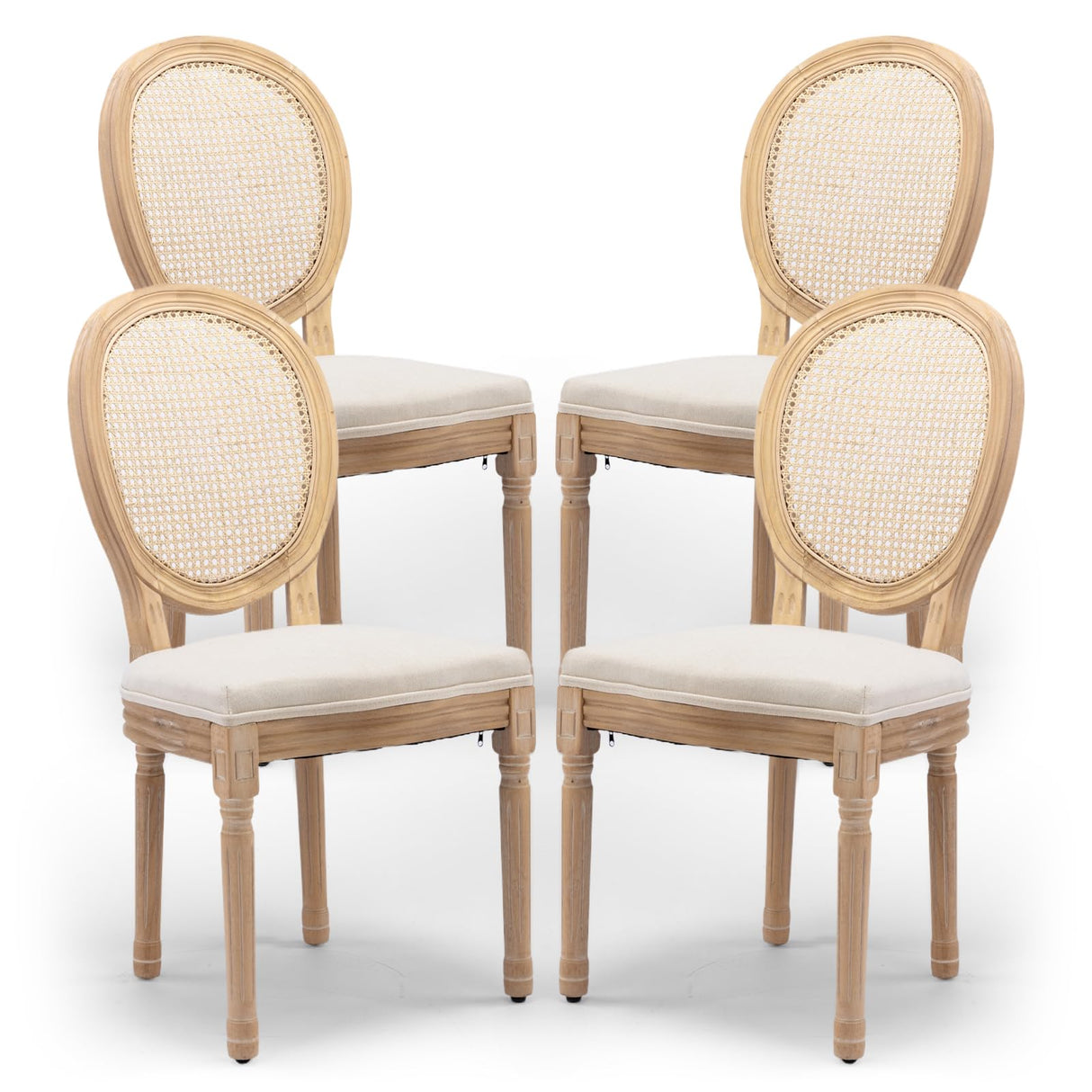 SoarTalent Rattan Back Upholstered Dining Chairs Set of 4 French Country Oval Kitchen Side Chairs with Wood Legs for Dining Room, Kitchen, Restaurant(Beige-Rattan) SoarTalent