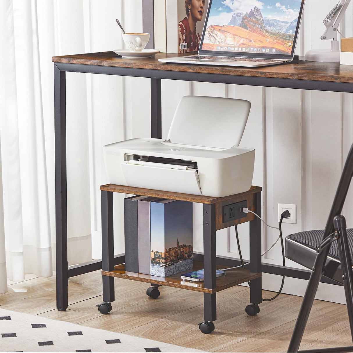 HOOBRO 2-Tier Printer Stand with Charging Station, Under Desk Printer Table, Printer Cart with Storage Shelves, Printer Shelf for Small Spaces, for Home Office, Rustic Brown and Black BF38UPS01 HOOBRO