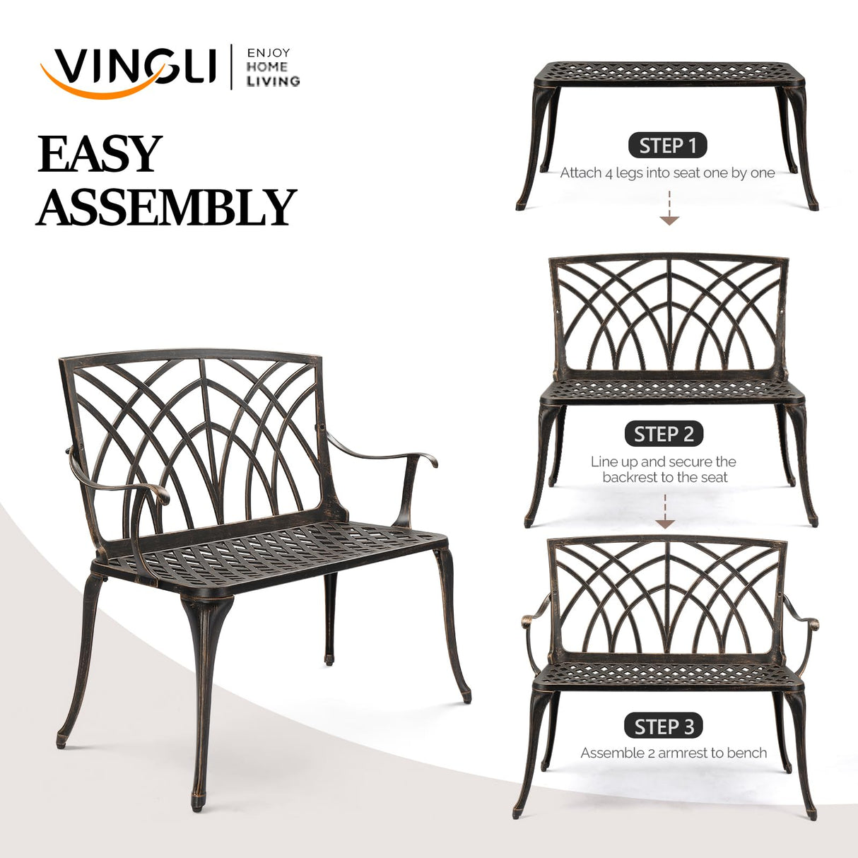 VINGLI 38" Outdoor Bench Cast Aluminium Garden Bench, Orchid Porch Bench Patio Bench Deck Furniture for 1-2 Person Seat (Brown) VINGLI