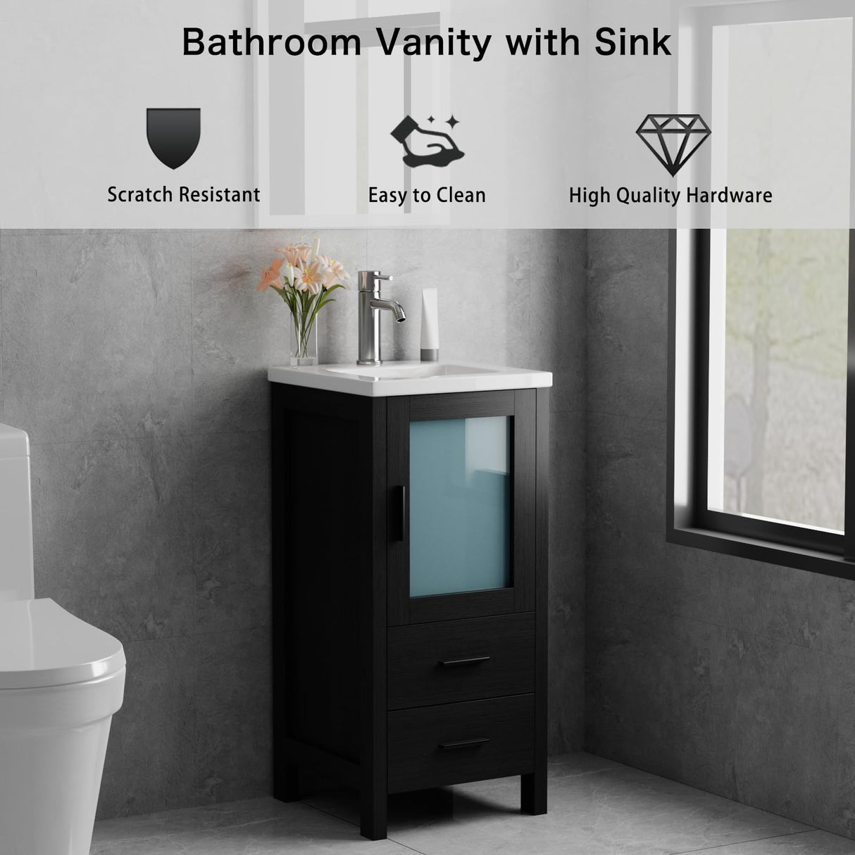 wonline 16" Bathroom Vanity Set, Single Small Bathroom Cabinet with Ceramic Sink, Modern Black Cabinet Vanity with Faucet & Pop Up Drain wonline