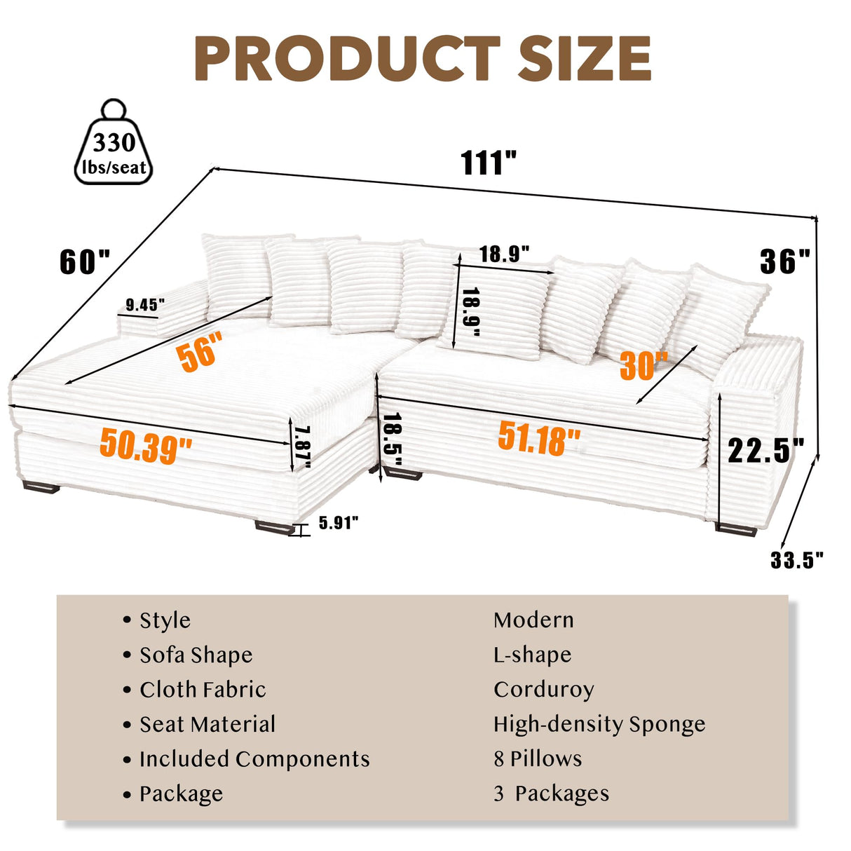 UPYOOE 111'' Modern Sectional Sofa, L-Shaped Corduroy Couch with Left Chaise Daybed, Extra-Wide Oversized Lounge, 8 Pillows, Corner Sofa Set for Living Room, Apartment, Office, Hotel, Bedroom, Black UPYOOE