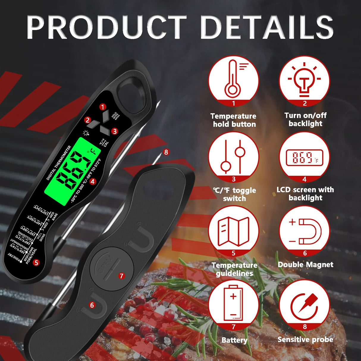 Meat Thermometer Digital,IP67 Waterproof Cooking Thermometer with Backlight, Calibration & Hold Function,Food Thermometer for Cooking,Outdoor Grilling,Candy Making Giftsfaloy