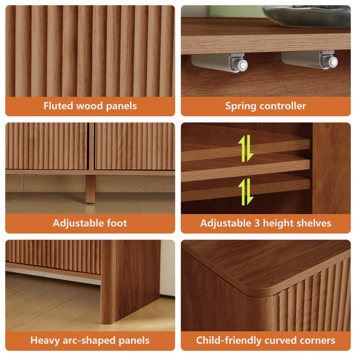 Sideboard Storage Cabinet with Doors and Shelves, Buffet Cabinet with Storage, Credenza Storage Cabinet for Kitchen, Wooden Fluted Cabinet for Bedroom/Entryway, under TV Cabinet with Storage - Walnut affeivul