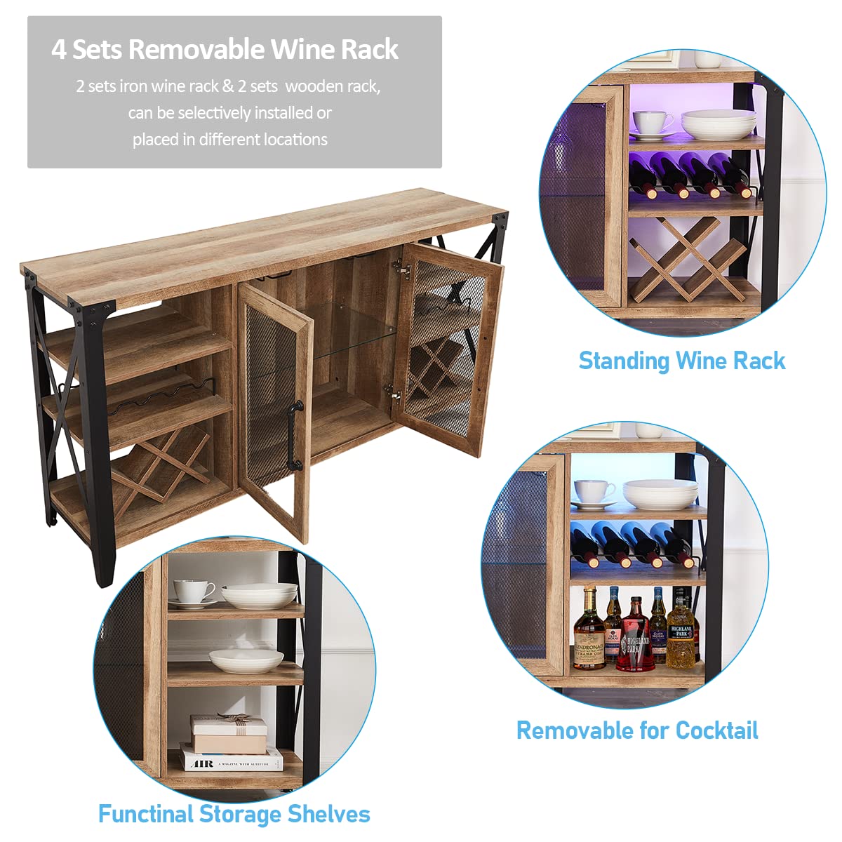 Vabches Rustic Oak Wine Bar Cabinet with LED Lights and Removable Racks for Home Living Room and Dining Room Vabches