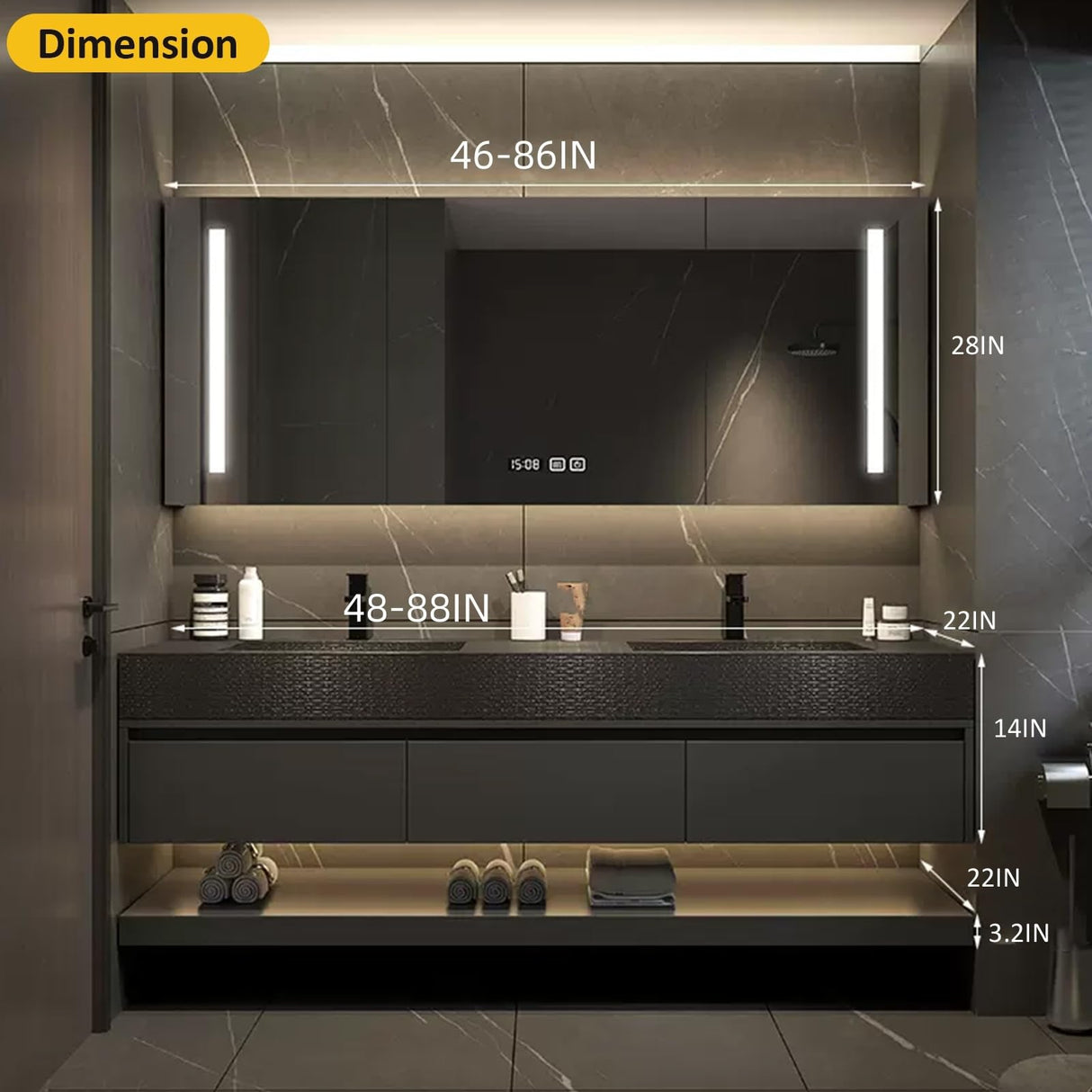 TIZAZO Double Floating Vanity Cabinet Sink - LED Defogging Smart Mirror Cabinet | Wall - Mounted Wood Vanity with Open Shelf & 3 Drawers (50'') TIZAZO