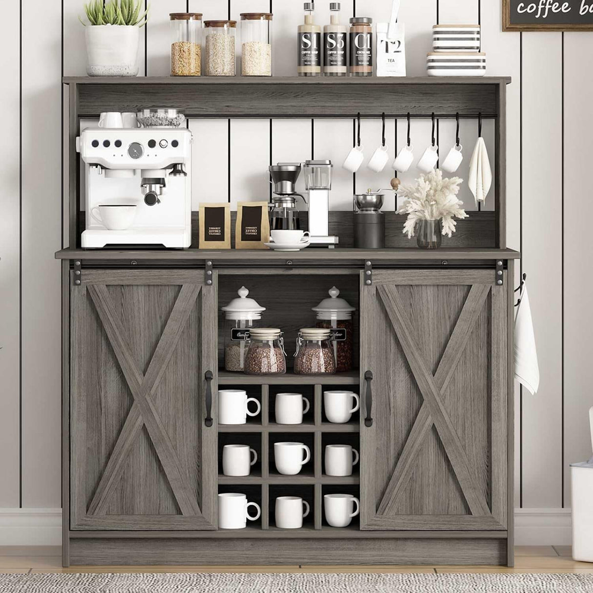 4ever2buy Farmhouse Coffee Bar Cabinet with Sliding Barn Doors, 50 Inch Coffee Bar Hutch with 6 Hooks and 9 Mug Rack, Hutch Cabinet with Storage for Living Room 4ever2buy