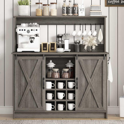 4ever2buy Farmhouse Coffee Bar Cabinet with Sliding Barn Doors, 50 Inch Coffee Bar Hutch with 6 Hooks and 9 Mug Rack, Hutch Cabinet with Storage for Living Room