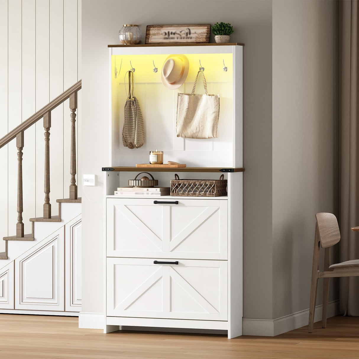 Farmhouse Shoe Cabinet with Coat Rack, Tall Shoe Cabinet with 2 Flip Drawers, Narrow Hidden Shoe Storage Cabinet, 2 in 1 Hall Tree Slim Freestanding Shoe Rack Organizer for Entryway, LED Light, White RALGEND