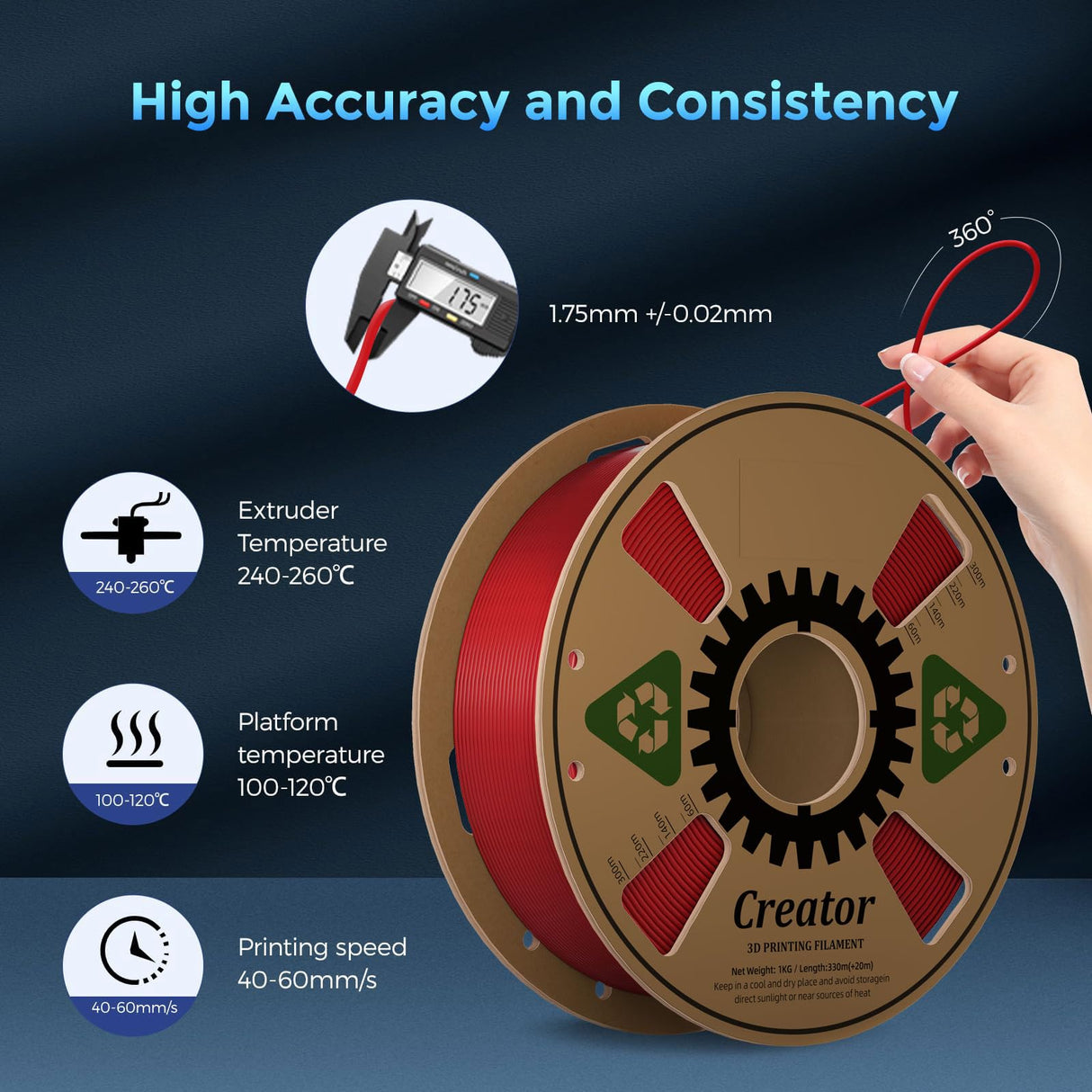Creator ASA Filament 1.75mm 3D Printer Filament 1KG, UV & Heat & Weather Resistant ASA 3D Printing Filament, Perfect for Printing Outdoor Functional Parts, Dimensional Accuracy +/-0.02mm (Traffic Red) Creator