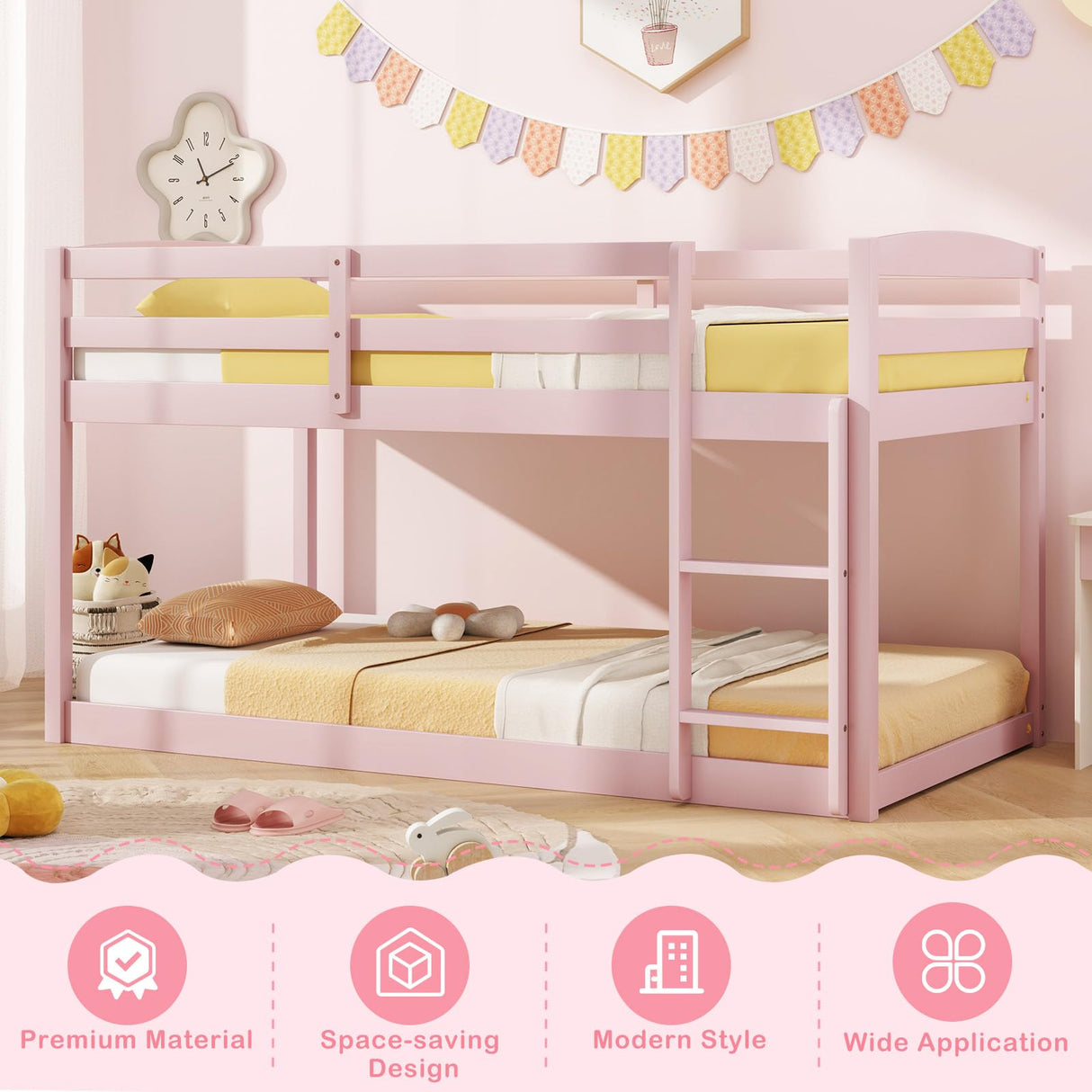KOMFOTT Low Bunk Bed Twin Over Twin, Solid Wood Bunk Bed Frame with Built-in Ladder & Safety Guardrails, Space-Saving Low Bunk Bed for Kids, Teens, No Box Spring Needed KOMFOTT