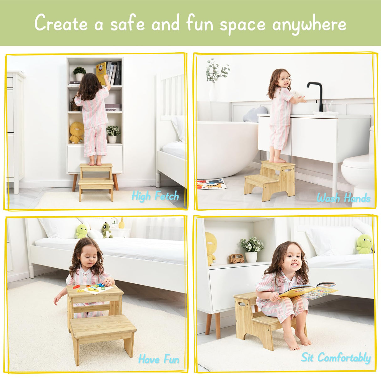 Forbena Wooden 2 Step Stool for Toddlers, Heavy Duty Kids Step Stool for Bathroom Sink Kitchen Counter, Bamboo Wood Non-Slip Kid Children Potty Stepping Stool Seat with Handles for Toilet Bed Forbena