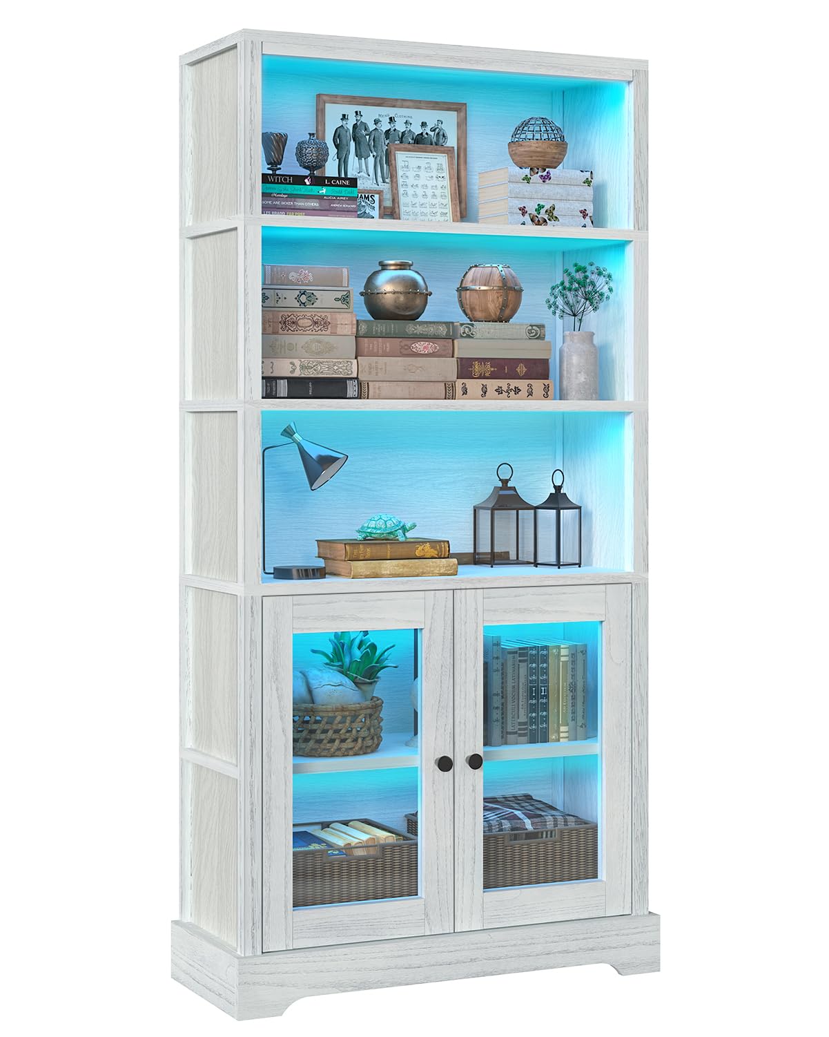 TVU 5-Tier Bookcase with Cabinet & LED, Wood 65 Inch Tall Bookshelf with Storage, Floor Standing Display Book Shelf for Living Room, Office, Study, Entryway (Antique White) TVU