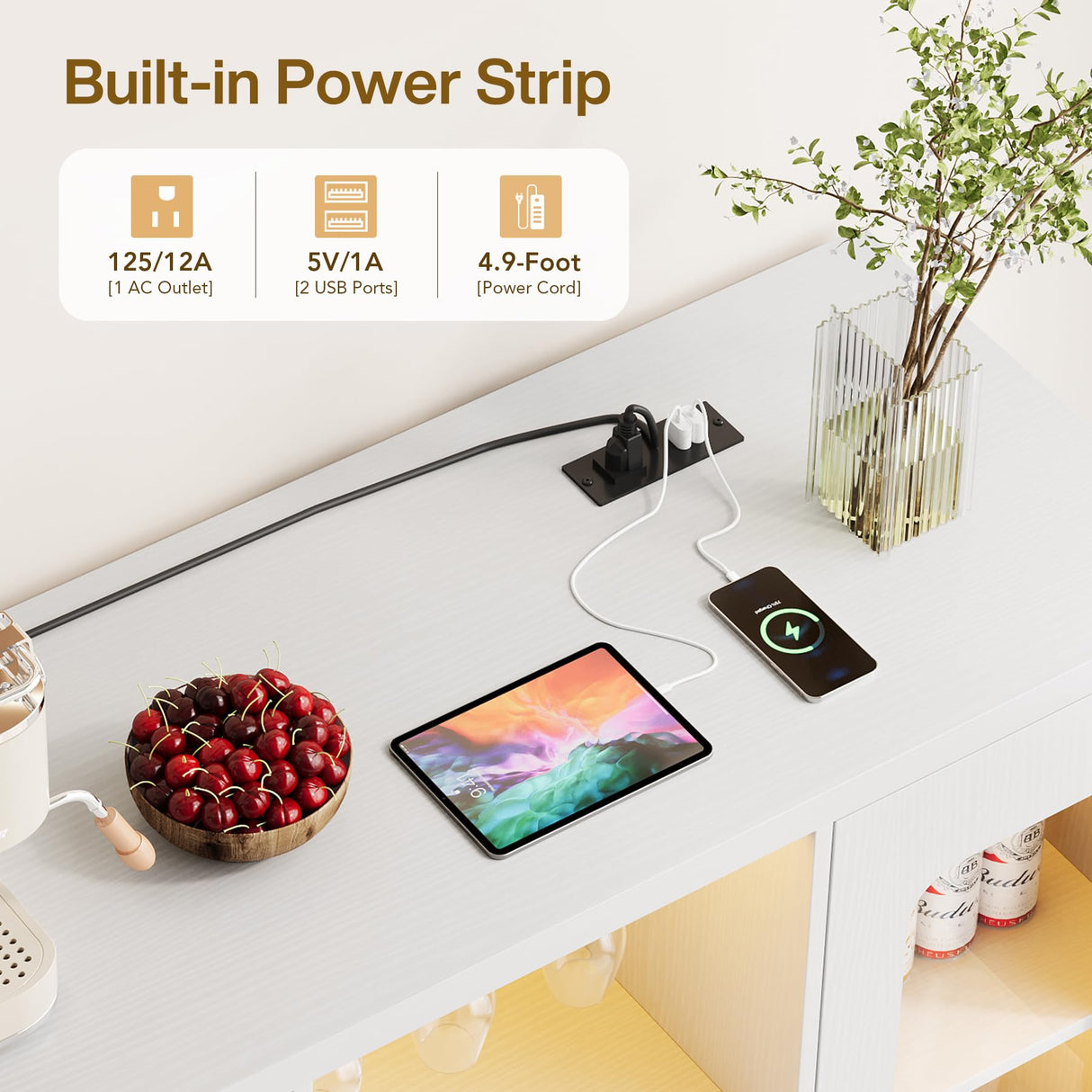 Condemo Wine Bar Cabinet with LED Light, Modern Coffee Bar Cabinet with Power Outlet, Liquor Cabinet with Wine Rack Glasses Holder, Sideboard Buffet Cabinet for Dining Room Living Room Kitchen, White Condemo