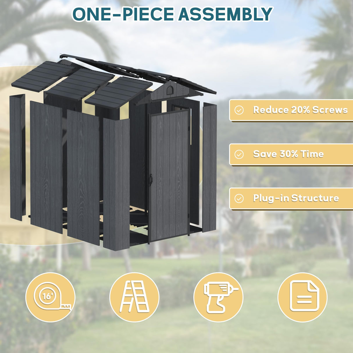 Greesum 4×6FT Plastic Outdoor Storage Shed with Floor, Resin Storaged Sheds with Lockable Door, Window & Vent, All-Weather Tool Sheds for Garden, Backyard, Patio, Dark Gray (One-Piece Panel) Greesum