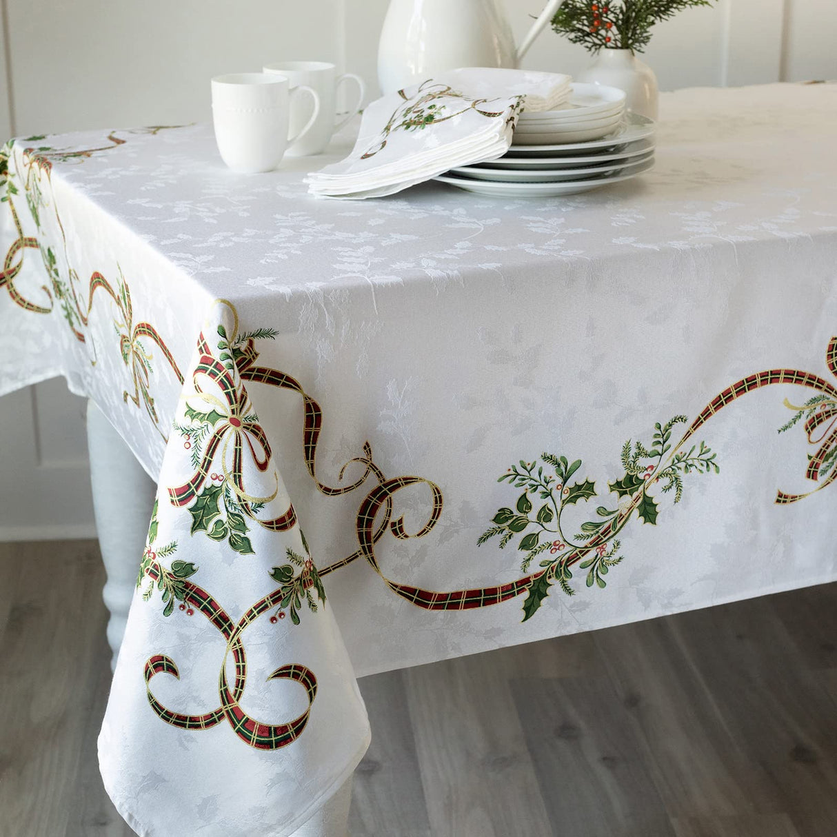 Benson Mills Merry Ribbons Engineered Printed Jacquard Fabric Christmas Table Cloth, for Christmas, Winter, and Holiday Tablecloth (60" x 120" Rectangular, Merry Ribbons) Benson Mills