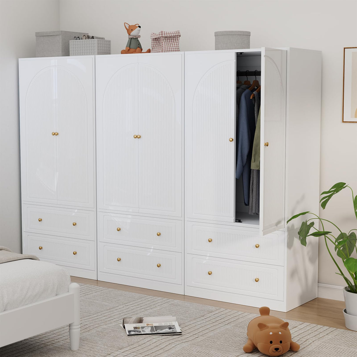 Wardrobe Closet with 2 Door & 2 Drawer, 71" White Bedroom Wooden Armoire with Hanging Rod, Freestanding Large Capacity Clothing Wardrobe Cabinet w/Gold Handles for Bedroom Buenhomino