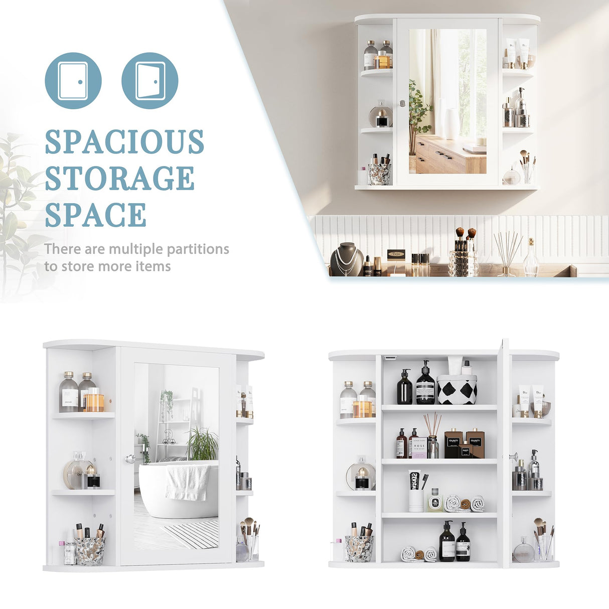 Shintenchi Bathroom Wall Cabinet with Mirror, Mounted Medicine Cabinets with 4 Internal and 6 Open Shelves, Mirrored Door Over The Toilet Storage, Solid White Shintenchi