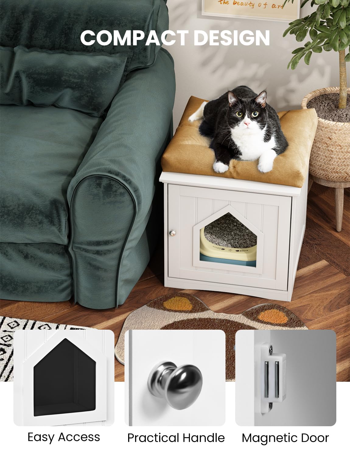 HAPPAWS Cat Litter Box Enclosure Furniture, Modern Cat Box Furniture Hidden, Sturdy Wooden Night Stand & Cat House Side Table, Easy Assembly, Fit Most of Litter Box, White HAPPAWS