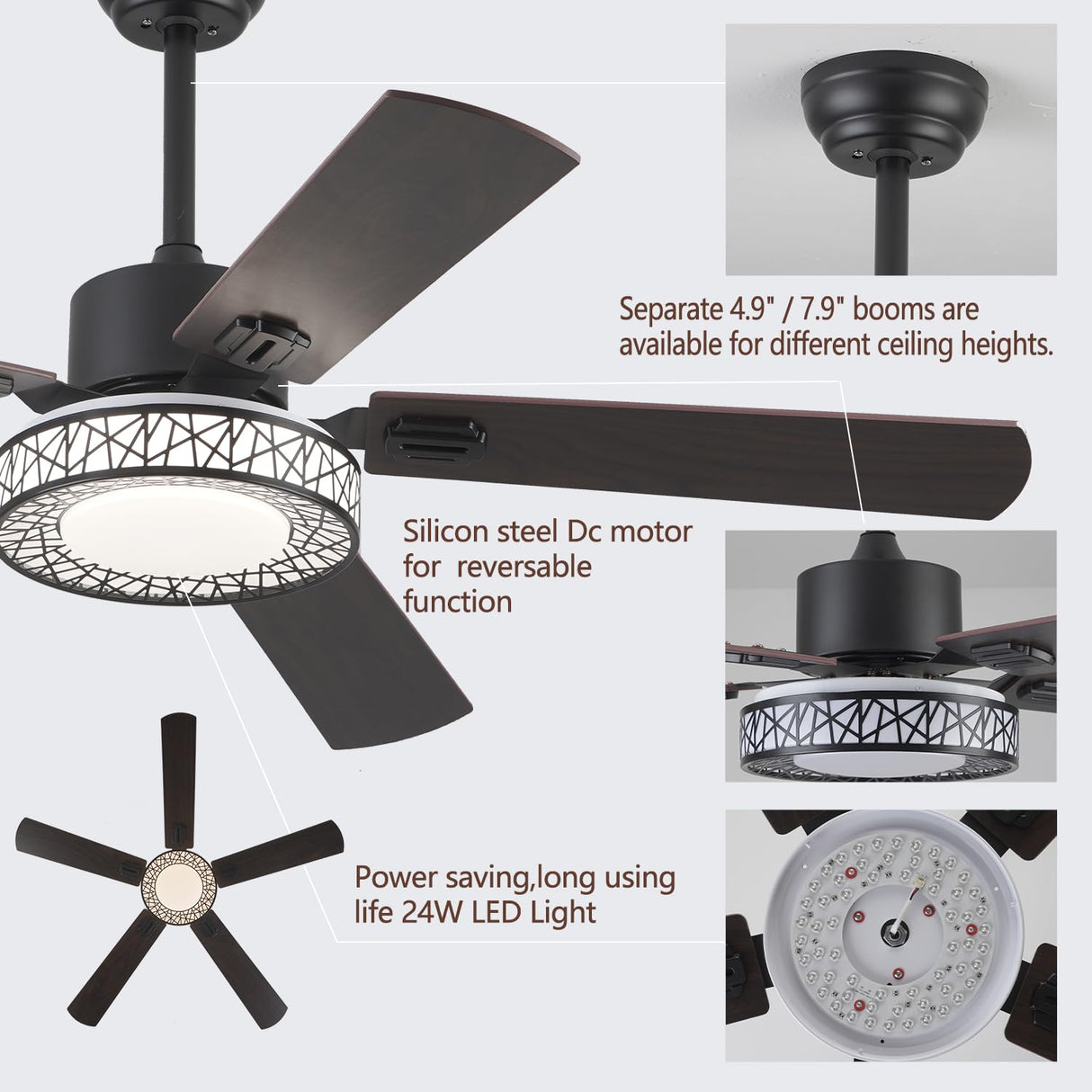 TRSIOPFC 52" Outdoor Ceiling Fan with Lights Remote Control,Dimmable Black Wooden Ceiling Fan with Reversible Quiet Motor 5 Blades 6 Speed For Patio Living Room, Bedroom, Office,Indoor Outdoor TRSIOPFC