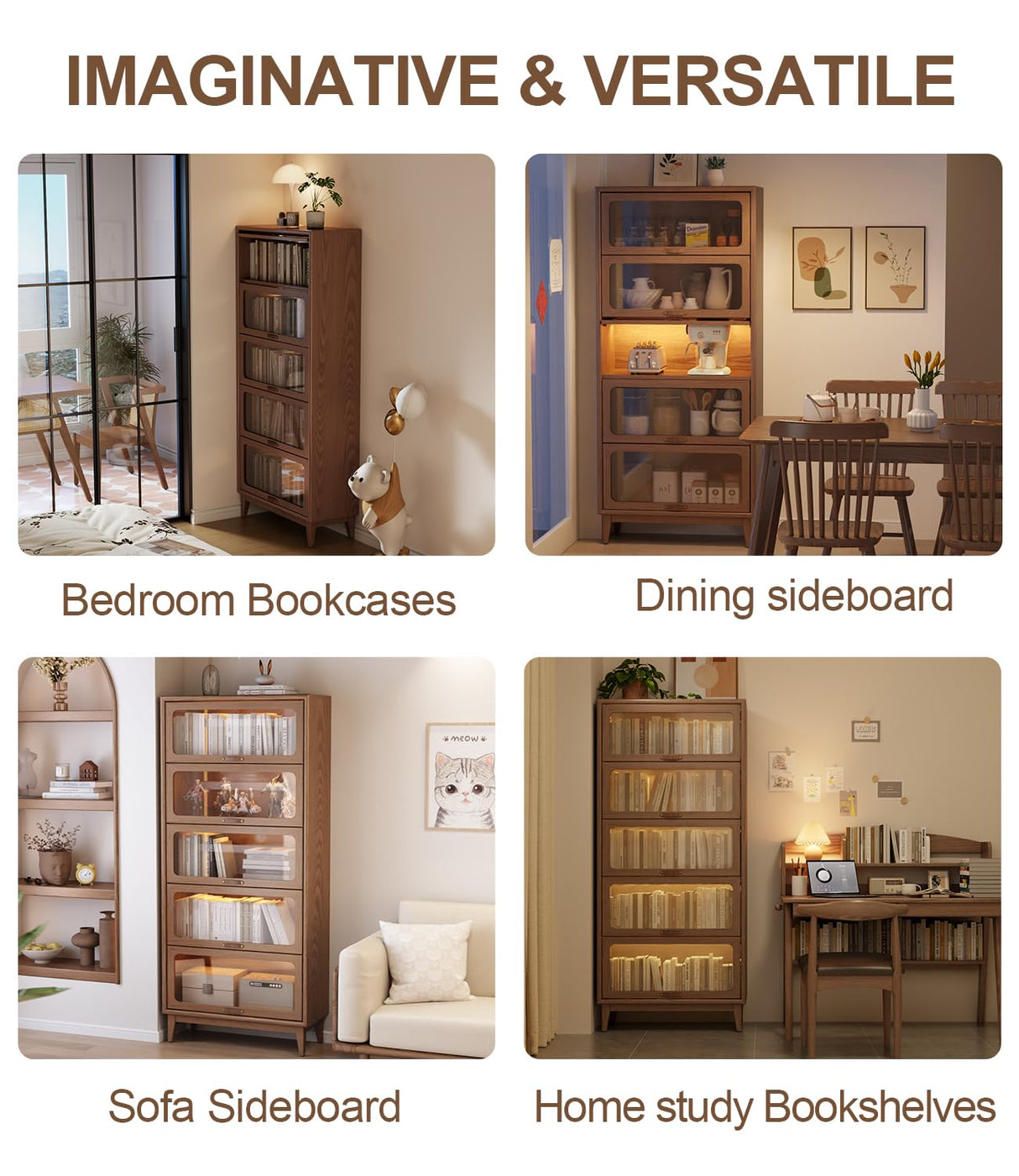 Solid Wood Bookcase 5 Tier Bookshelves with Tempered Glass Flip-Up Doors 72Hx13.7Dx32W" Brown Finish Cube Storage Organizer, Bookshelf Versatile Pantry Cabinet with Storage for Kitchen Home Office AnywaysWood