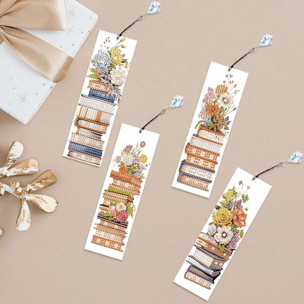 4 Pack Book and Flower Diamond Painting Bookmark Kits, Special Shaped Diamond Art Bookmarks with Pendant, DIY Handmade Crafts Home Office Supplies Reading Bookmark, Perfect Gift for Book Lovers Focart