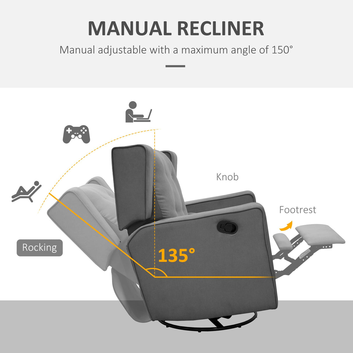 HOMCOM Wingback Swivel Recliner Chair Glider Rocking Chair for Nursery with Button Tufted, Padded Single Home Theater Seater for Living Room Bedroom, Grey HOMCOM
