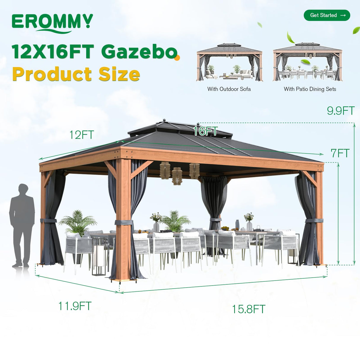 EROMMY 12' x 16' Hardtop Gazebo Outdoor Aluminum Wood Grain Gazebos with Galvanized Steel Roof and Mosquito Net for Patios, Deck, Backyard, Curtains&Netting EROMMY