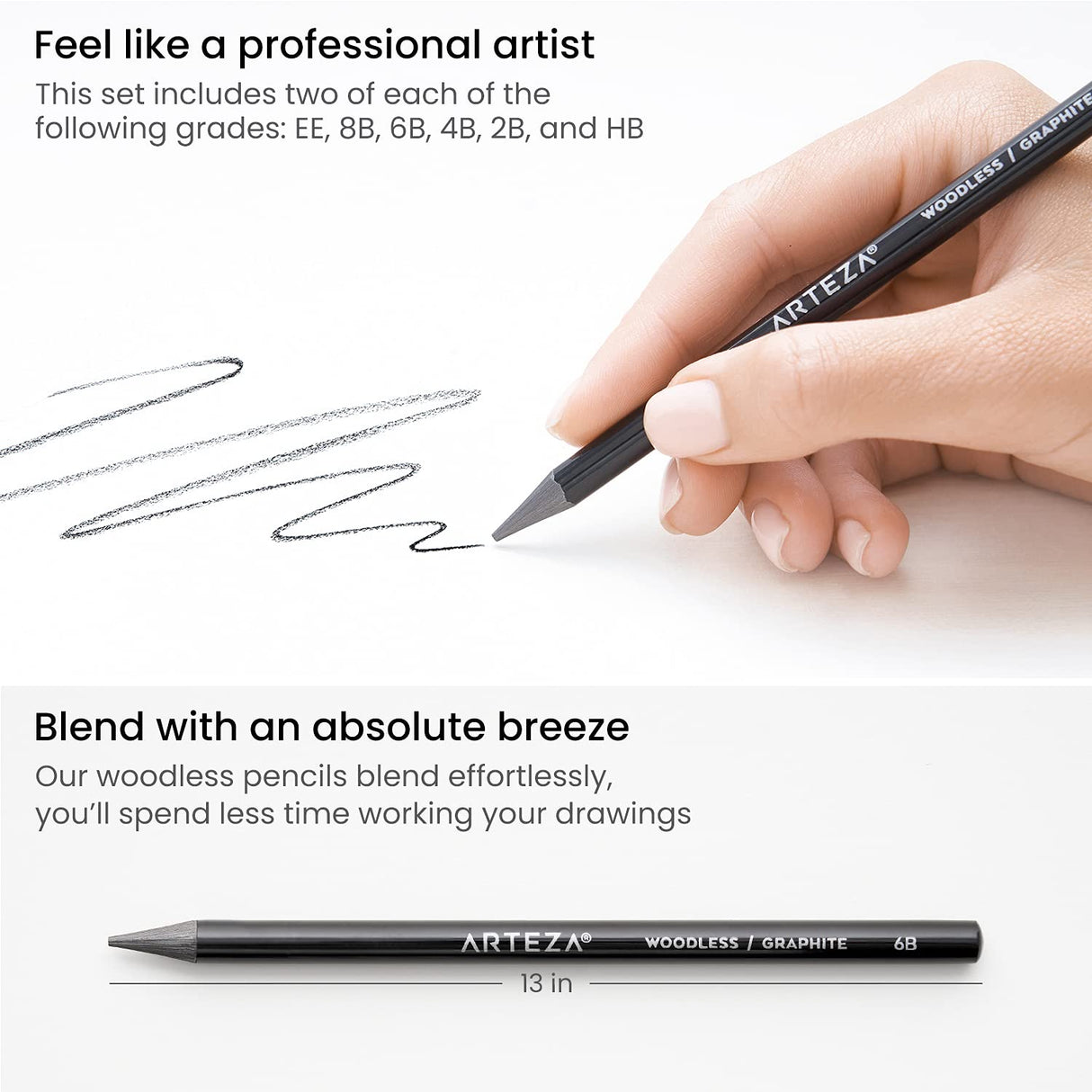 ARTEZA Woodless Graphite Pencils, Set of 12, HB, 2B, 4B, 6B, 8B, and EE ARTEZA