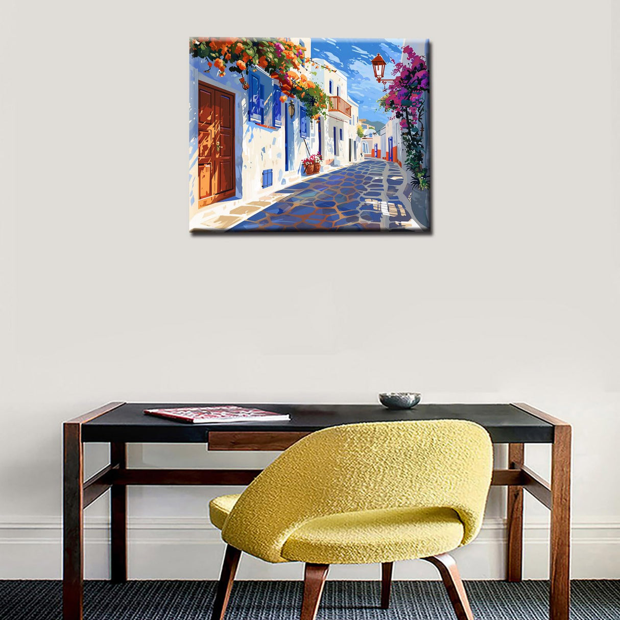 Aihonmin Coastal Cityscape Paint by Numbers Kits for Adult Beginners,Greece Town Paint by Numbers Street Flowers Painting Kits on Canvas with Brushes and Acrylic Pigment Without Framed 16''W x 20''H Aihonmin