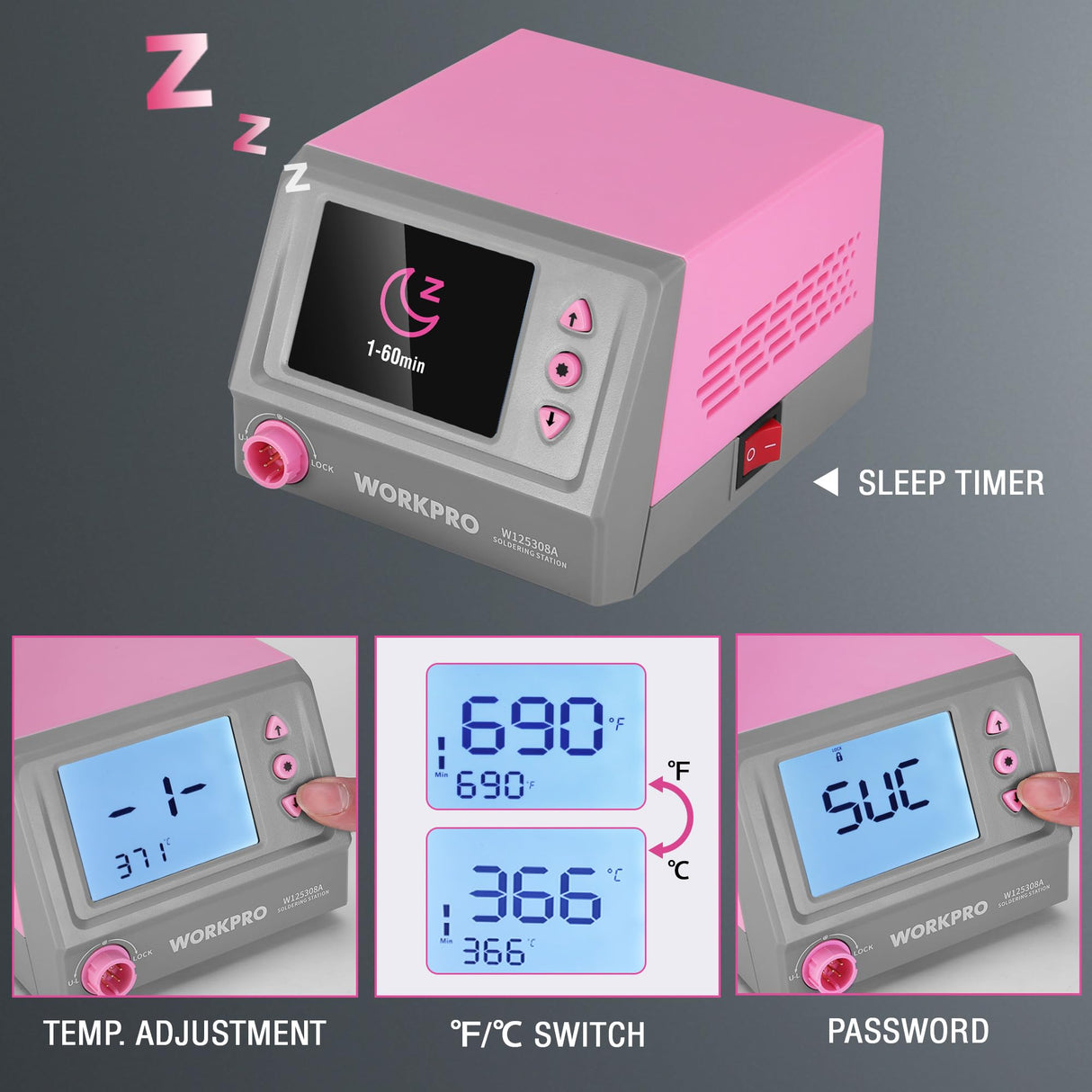 WORKPRO Soldering Station, 60W Soldering Iron Kit Digital Display, 5 Extra Iron Tips, Precision Temperature Control Solder Station for Electronic Repair, DIY Enthusiasts - Pink Ribbon WORKPRO