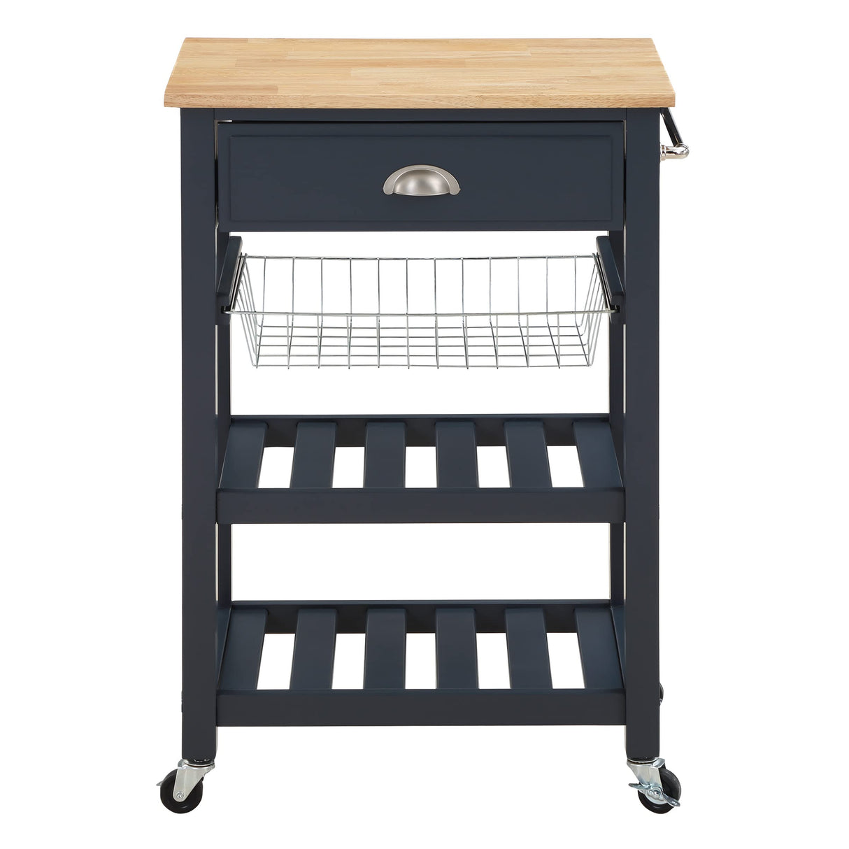 OSP Home Furnishings Hampton Kitchen Cart with Wood Top, Utensil Drawer, Under Cabinet Basket, and 2 Slatted Shelves, Blue Stone Base Office Star Products