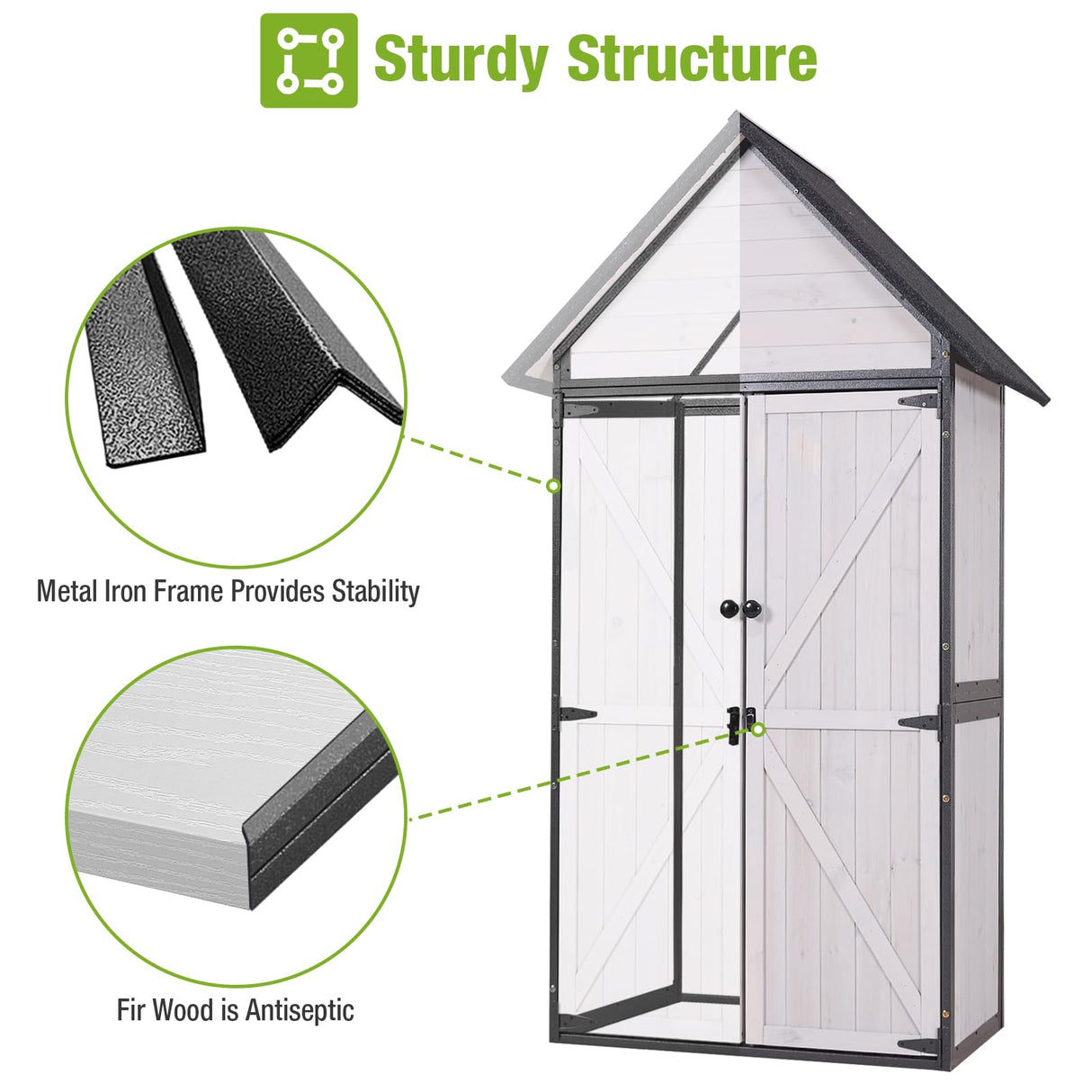 GUTINNEEN Outdoor Storage Shed with All Around Strong Metal Frame, Garden Tool Sheds Cabinet with Floor & Adjustable Shelves, Wooden Tool House for Backyard Garden Patio Lawn (White) GUTINNEEN