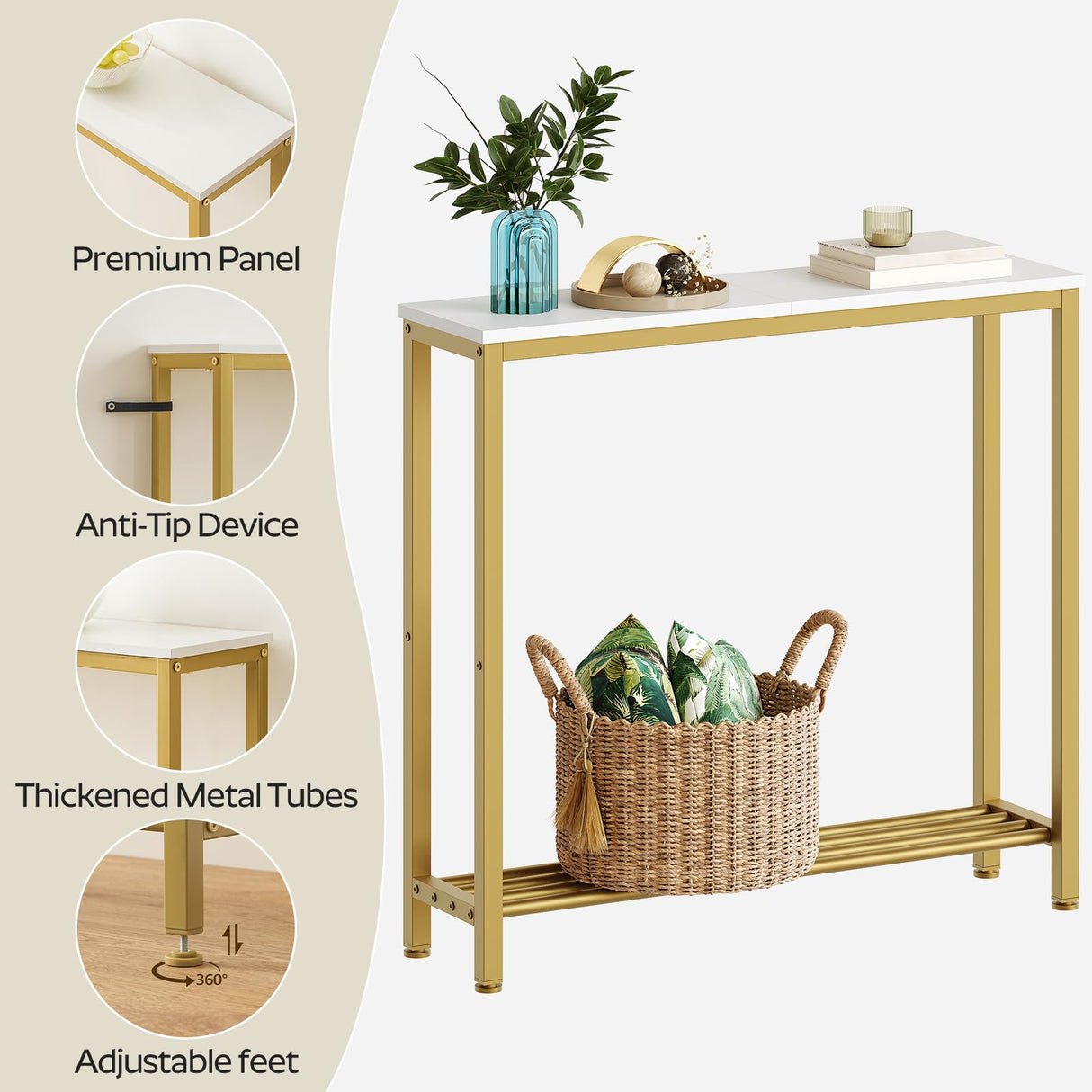 YATINEY Narrow Console Table, 2-Tier Small Sofa Table, 29.5" Thin Entryway Table, Behind Couch Table with Shelves, Industrial Hallway Table, for Living Room, Foyer, White and Gold CT03DW YATINEY