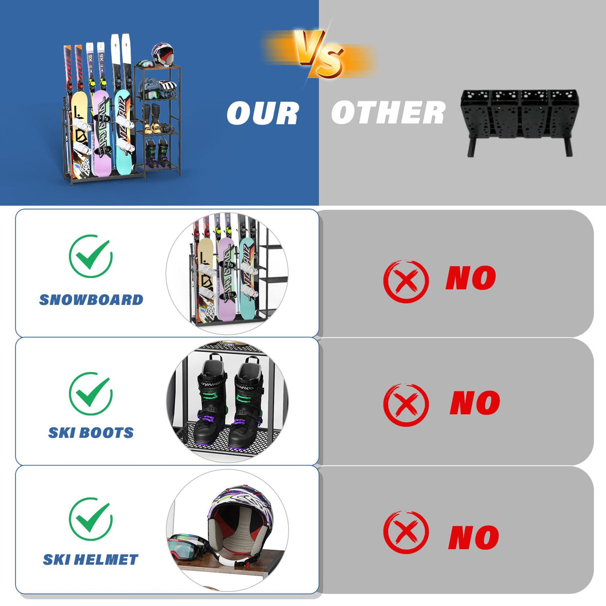 Freestanding Snowboard Rack - 4 Pair Ski, 3 Pack Snowboard, Boot, Pole, Goggles, Helmet Rack for Garage, Shed, Basement Lurgno