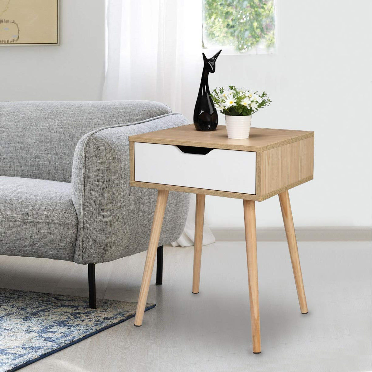 Bonnlo White & Nature Wood Nightstand End Side Table with Drawer & Solid Wood Legs for Living Room, Bedroom, Small End Side Table Bed Side Tables/Night Stands for Small Spaces, 18.2x15.7x24.4in Bonnlo