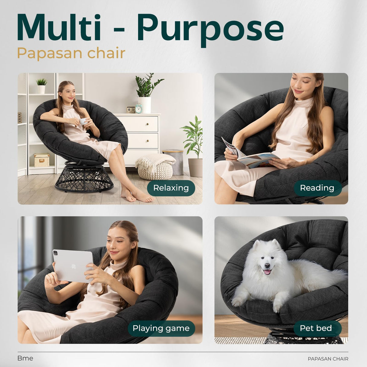 Bme 40" Ergonomic Wicker Papasan Chair with Soft Thick Cushion & Frame, 360° Swivel Papasan Chair, Circle Chair, Reading Chair, Comfy Chair for Living Room, Bedroom, Onyx Stone - Black Base Bme